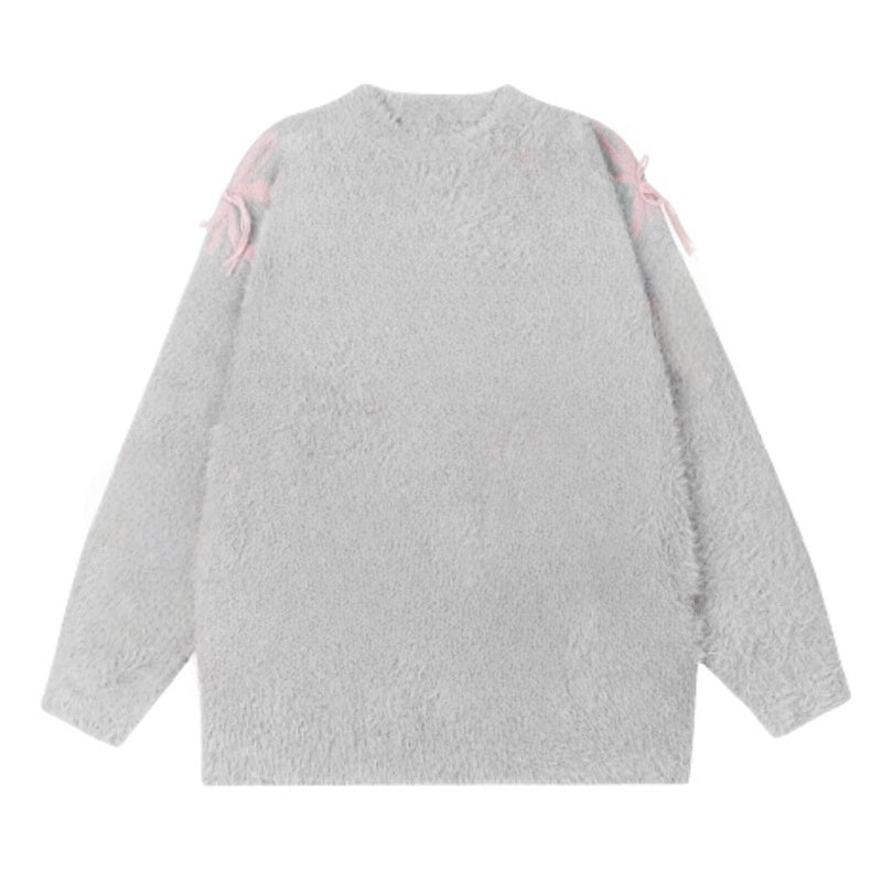 Elegant Bow-Detail Grey Knit Sweater